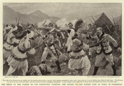 De opstand van de Waziris aan de noordwestelijke grens, de aanval op het Britse kamp in Wano, in Waziristan door Joseph Nash